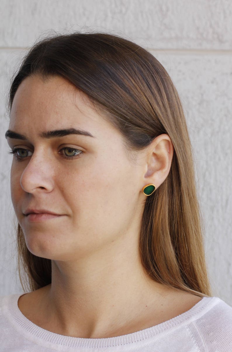 Small Green Studs, Gold Stud Earrings, Tinny Silver Earrings