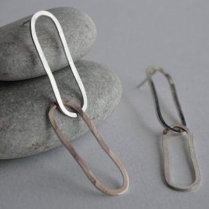 Paperclip chain link earrings, anniversary gift for her, hammered oval wire link dangle earrings.
