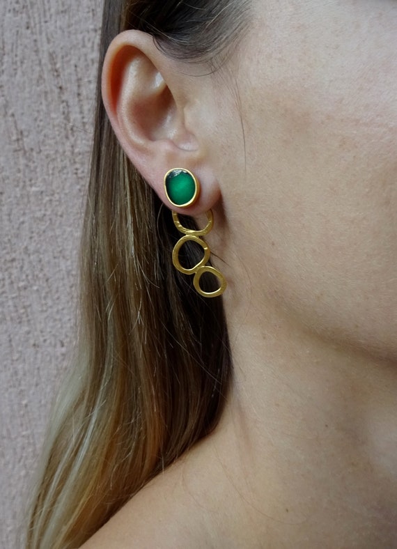 Goldenplated Silver Hypoallergenic earrings Green Enamel Big Golden Hoops Gift for her Statement earrings Dangled Hoop Earrings