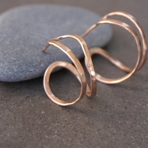 Rose gold open hoop earrings, hammered double hoops, pink gold plated earrings.