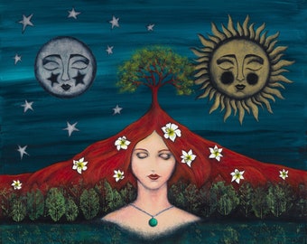 Gaia Goddess Print Earth Nature Goddess Mother Earth Art Gaia Tree of Life Art Moon Sun Yoga Gift Meditation Print Pagan Art Divine Feminine