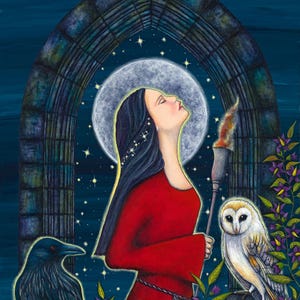 May include: An artistic painting depicts a woman in a red dress with long black hair, gazing upwards. A torch, an owl, and a raven are also featured. The background is a dark blue night sky with stars and a moon.