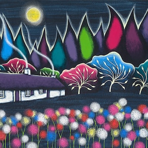 May include: A painting of a white cottage with a purple roof and smoke coming from the chimneys. The cottage is surrounded by a field of colorful flowers and a forest of colorful trees. The moon is visible in the night sky.