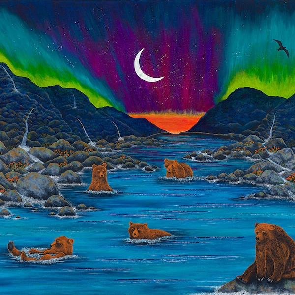 Mondbathing #mountains #bears #waterfalls #northernlights #rocks #crescentmoon #birdsilhouette #river #reflections #dreams #dreamwithme