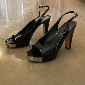 Chanel Logo Patent Two Toned Metal Peep Toe Heels