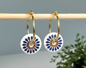 Handmade White Blue Porcelain Earrings - 18th Anniversary Jewellery - Petal Earrings - Gift for Her - Ceramic Jewelry - White Riley Earrings