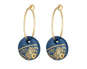 Handmade Blue Porcelain Earrings - 18th Anniversary Gift - Ceramic Earrings - Made in UK -  Hoop Earrings - Delicate Earrings - Blue Fleur