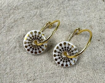 Handmade Porcelain Gold Earring - Round Ceramic Hoop Earring - Gift for Bride - Bridal Jewelry - 18th Anniversary Gift - Amber Earring