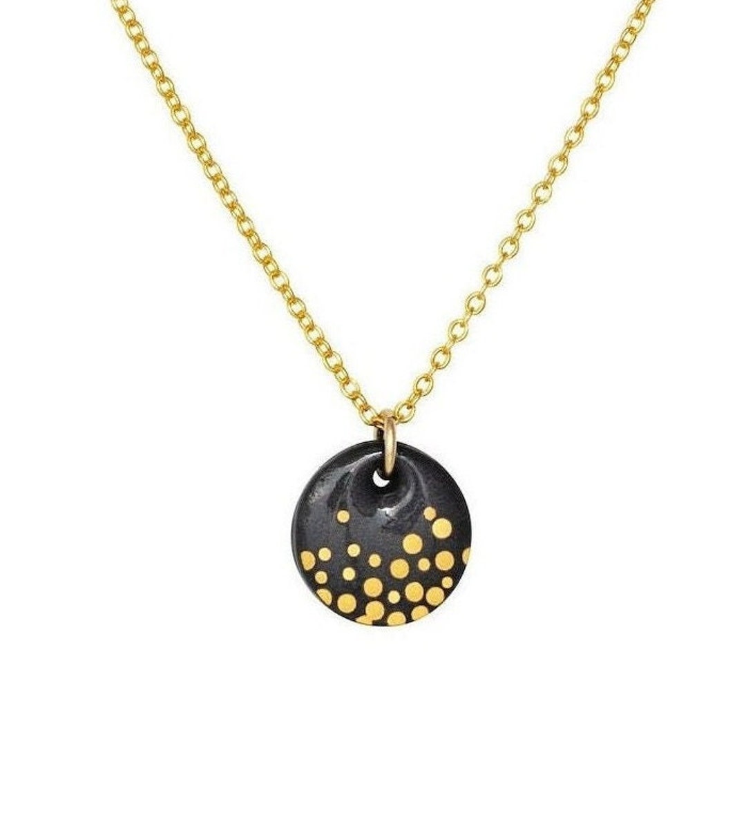 Handmade Porcelain Necklace: Black Disc With Gold Dots, Gold