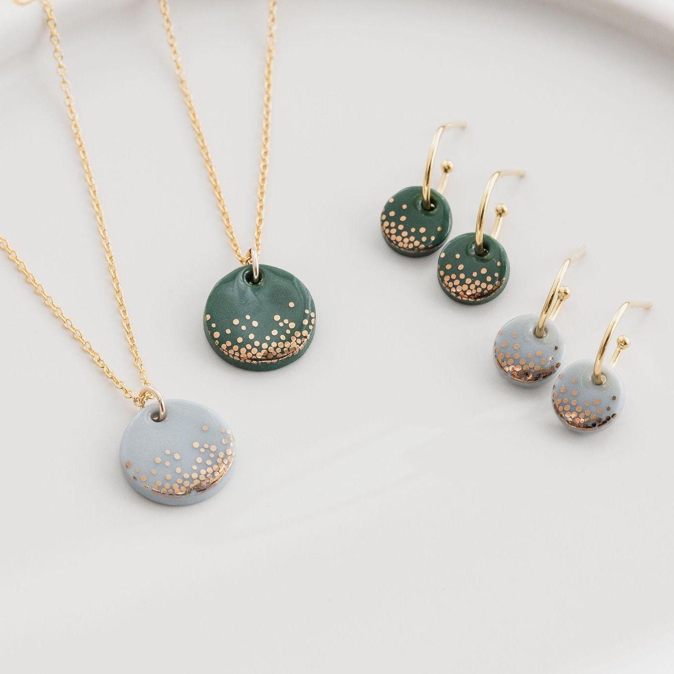 Porcelain Jewellery - Ceramic Necklace Earrings - Gold Dot Jewelry - Ceramic Gift - UK Handmade - 18th Anniversary - Mist Necklace / Earring