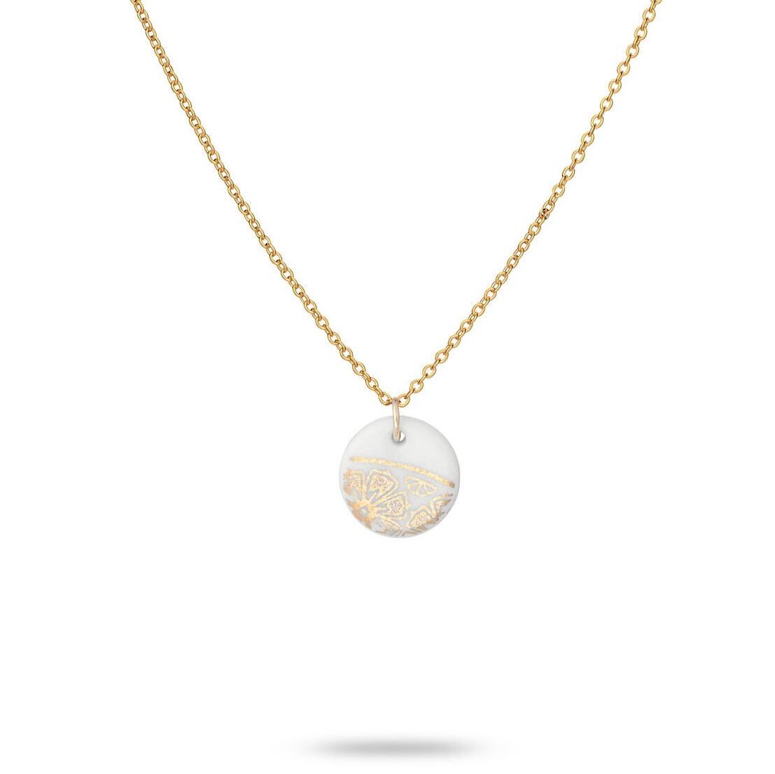 Collier Pendentif Fantaisie Porcelaine Motif Fleur - Tons Dorés, Blanc, Rose Occasion