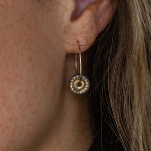 Porcelain Dark Green Earrings - Porcelain Gold Hoops - Round Disc Earring - Ceramic Jewelry - 18th anniversary present - Gift for 50th