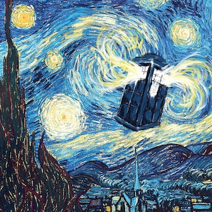 May include: A blue police box, reminiscent of the TARDIS from Doctor Who, is flying through a swirling, starry night sky painted in the style of Vincent van Gogh's "Starry Night".