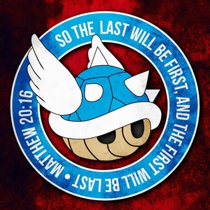 May include: A blue circle with a white winged turtle shell inside. The circle has the text "SO THE LAST WILL BE FIRST, AND THE FIRST WILL BE LAST" around the outside. The text "MATTHEW 20:16" is on the left side of the circle.