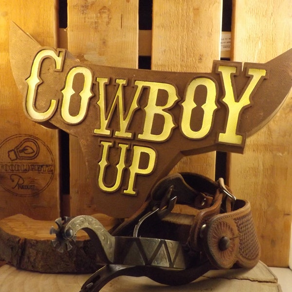 Wall decoration Wall decor. Cowboy Up bar lamp. Western themed lamp in the shape of a cow skull with illuminated text.