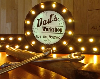 Letrero luminoso vintage, taller de papá, día del padre, cumpleaños, personalizado, art déco, años 50, rock and roll, cueva de hombre, letrero comercial