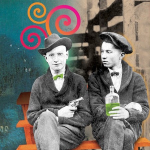 May include: Two men sitting on a bench, one holding a gun and the other holding a bottle of green liquid. The text "I Said Celebrate." is printed below the bench.