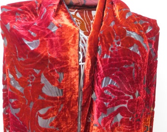 Silk Velvet Shawl, Red Velvet Shawl, Devore Shawl, Burned Out Velvet, Evening Shawl, Luxury Scarf, Scarf Gift, Autumn Tones, Tassel Shawl