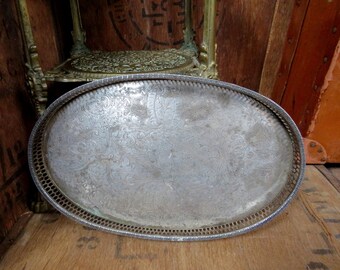 Silver Plated Rectangle Floral print Gallery Tray With Handles New Made In UK