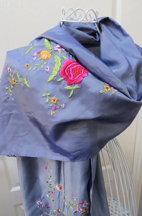 Lilac Floral Shawl, Embroidered Shawl, Satin Shawl