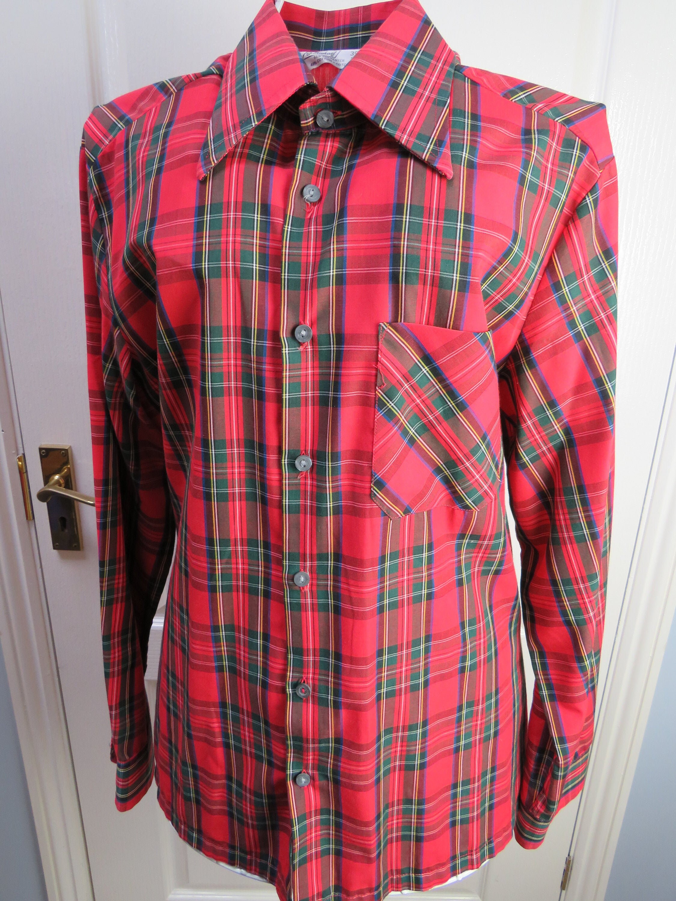 Image of Red Tartan Shirt, Plaid 1970S Burns Night, Lumberjack Made in The Uk, Collar 15.5 Check Fashion