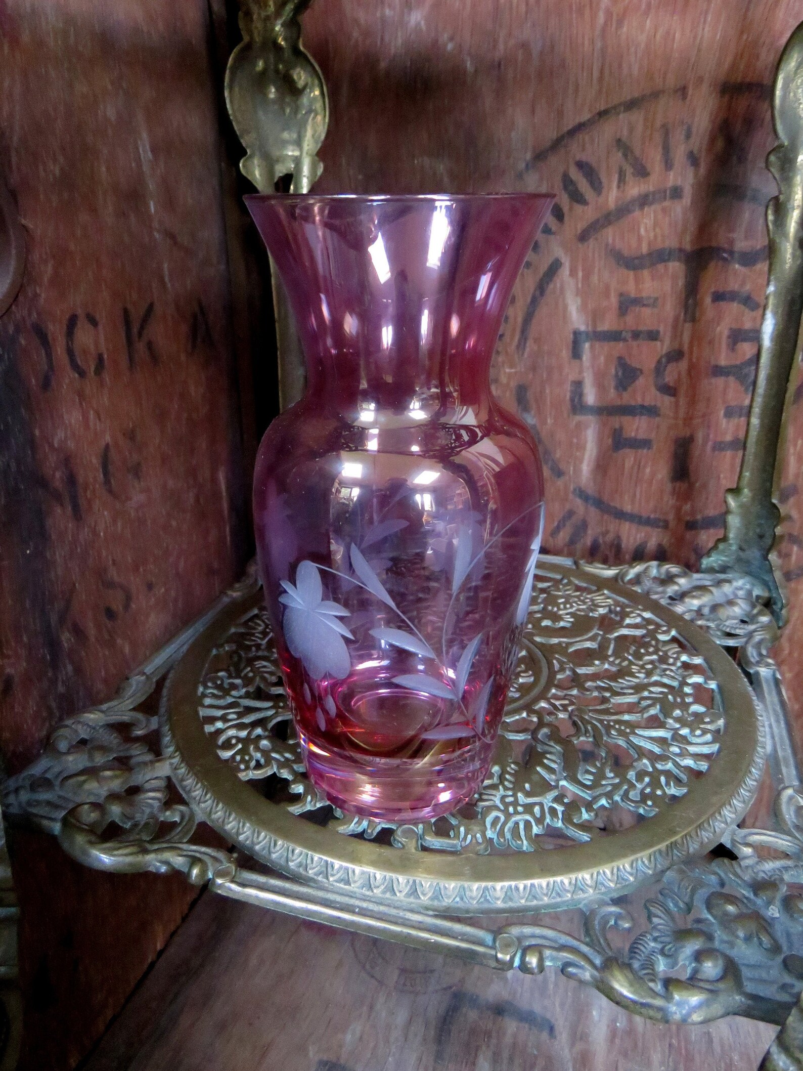Crystal Vase Purple Crystal Vase Etched Glass Vase Fuchsia Etsy