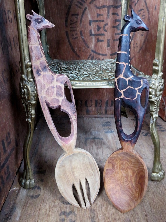 Set of 2 Maasai Masai Salad Serving Wooden Giraffe Spoon and Fork