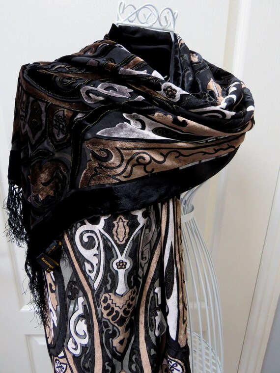 Silk Velvet Shawl, Velvet Shawl, Vintage Shawl, V… - image 3