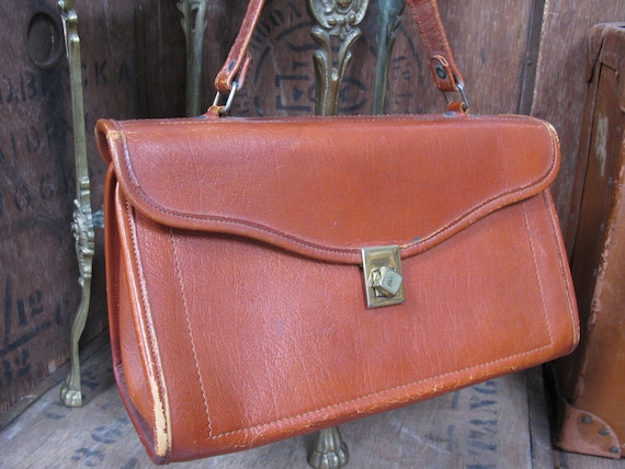1960s Tan Leather Handbag: Vintage Top Handle Purse