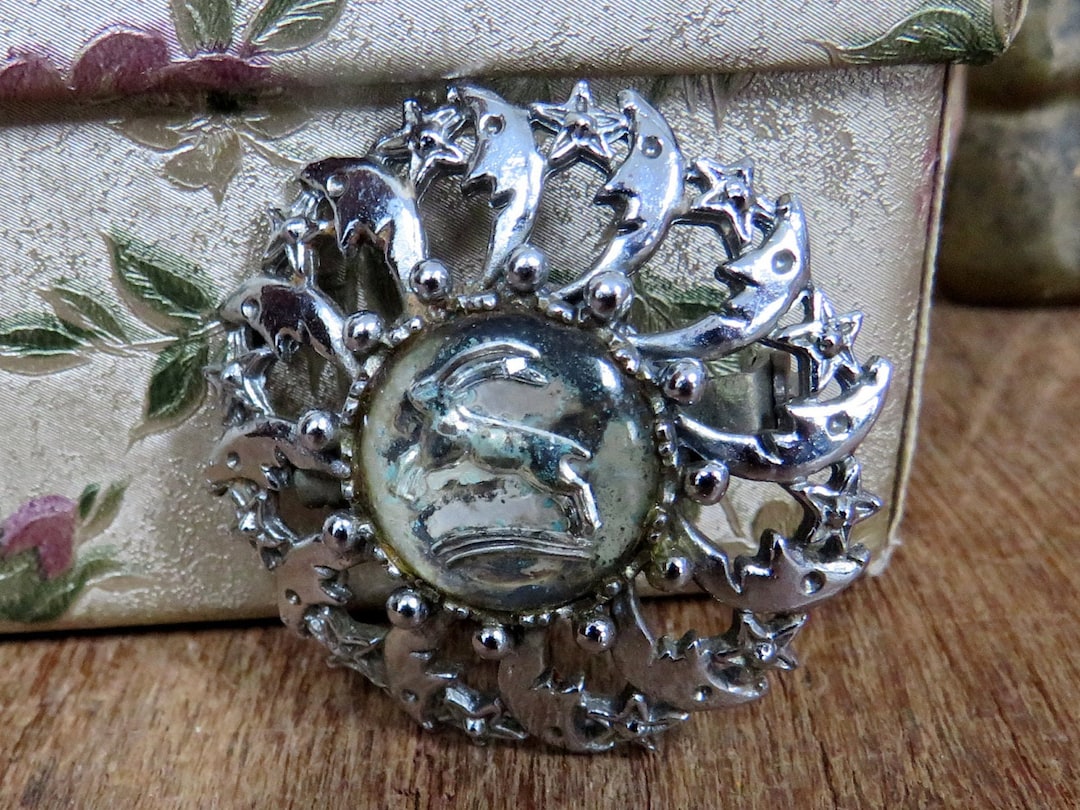 Broche Lune En Métal Doré Avec Cabochon Turquoise - Bijou Vintage | Occasion