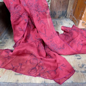 French Silk Scarf, Red Silk Scarf, Pure Silk Scarf, 1980s Scarf, Long Silk Scarf, Embroidered Silk Scarf, Red Black Silk Scarf, Evening image 1