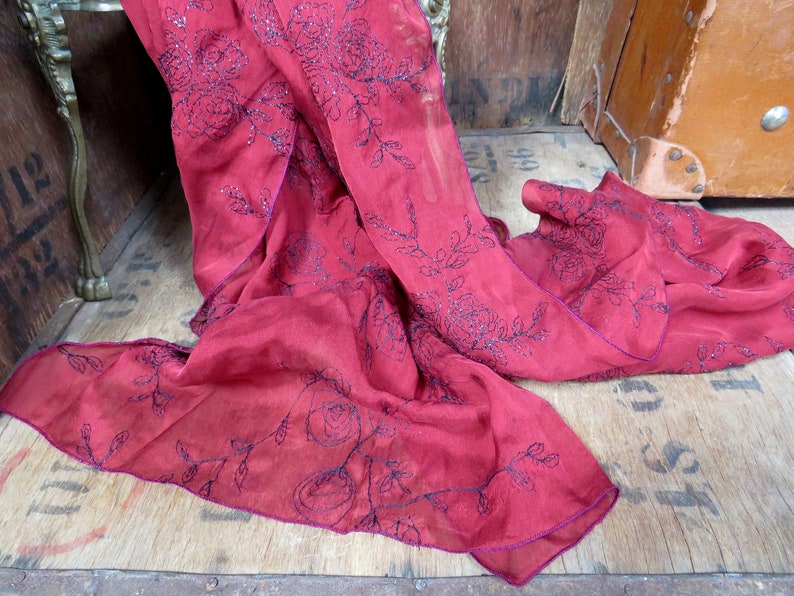 French Silk Scarf, Red Silk Scarf, Pure Silk Scarf, 1980s Scarf, Long Silk Scarf, Embroidered Silk Scarf, Red Black Silk Scarf, Evening image 1