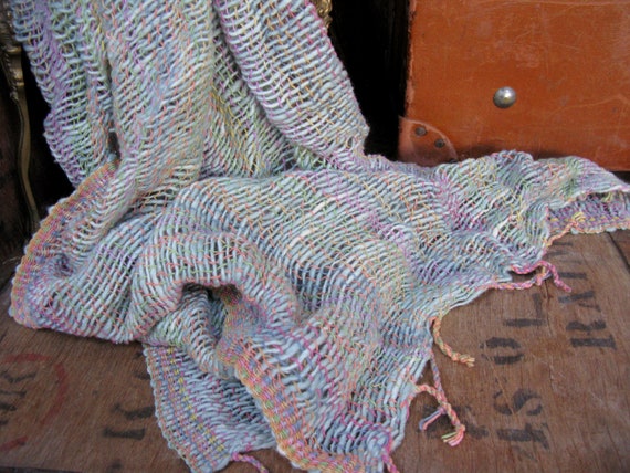 Rainbow Scarf, Wool Tassel Scarf, Vintage Scarf, K