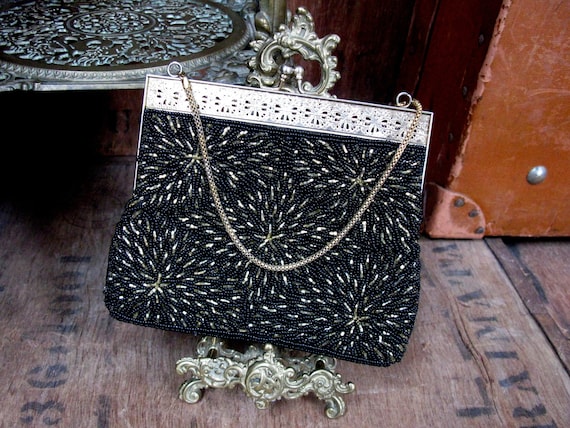 Beaded Evening Bag, Black Beaded Bag, 1960s Bag, B