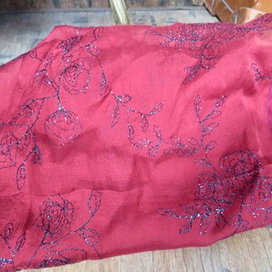 French Silk Scarf, Red Silk Scarf, Pure Silk Scarf, 1980s Scarf, Long Silk Scarf, Embroidered Silk Scarf, Red Black Silk Scarf, Evening image 3