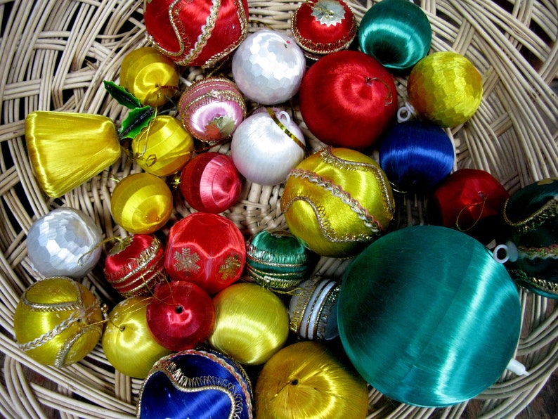 Vintage Decoration Kitschmas Silk Ornament Silk Baubles Kitsch Christmas Decoration Lot 1970s Xmas Vintage Christmas 1970s Christmas