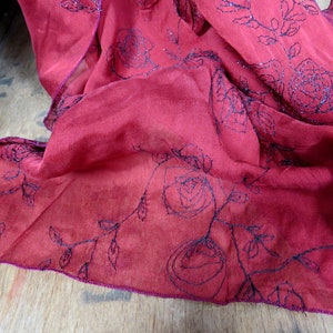 French Silk Scarf, Red Silk Scarf, Pure Silk Scarf, 1980s Scarf, Long Silk Scarf, Embroidered Silk Scarf, Red Black Silk Scarf, Evening image 2