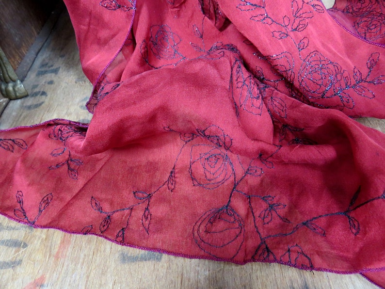 French Silk Scarf, Red Silk Scarf, Pure Silk Scarf, 1980s Scarf, Long Silk Scarf, Embroidered Silk Scarf, Red Black Silk Scarf, Evening image 2
