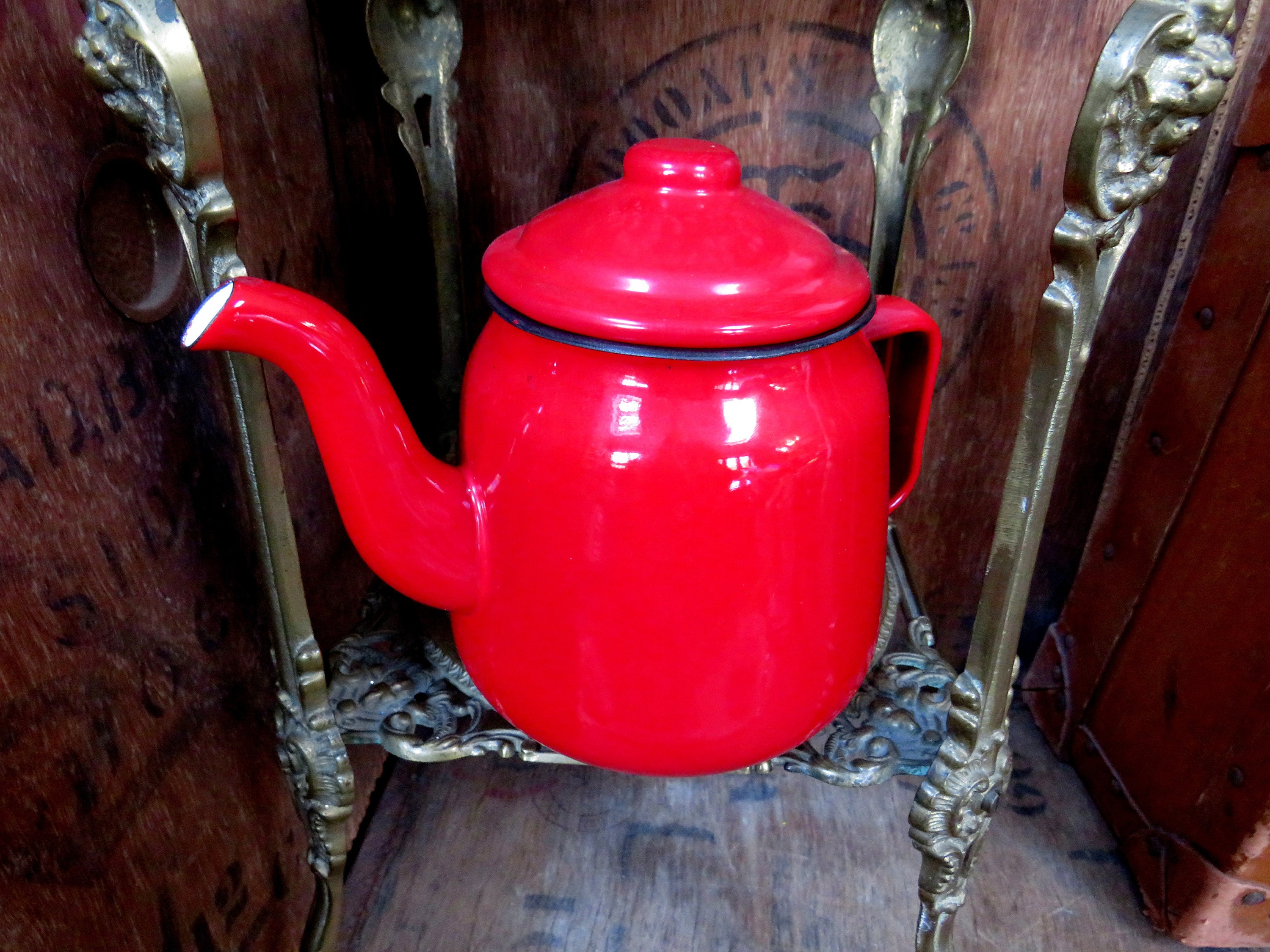 Red Teapot Vintage Teapot Large Teapot Red Enamel Teapot Etsy