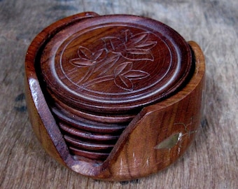 Wooden Owl Coasters Set of 6 Wood Coaster Holder Vintage For Tea Coffee Drinks 