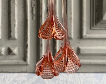 French vintage crystals set of 3 or 4 Mid pink Murano crystal chandelier drops, 1930's flowers, pampilles, gouttes, authentic pressed glass
