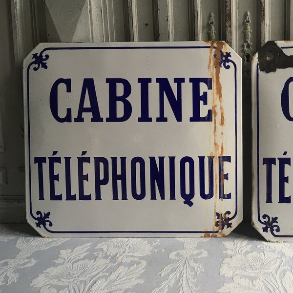Antique French enamel sign "Cabine téléphonique" JAPY genuine 1920's telephone cabin Industrial Loft, Paris chic, authentic vintage, Bombée!