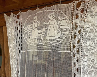 Antique French curtain, natural net and lace linen insert, hand made lace panel, large net curtain rustic country 1930's unique quality (Q)