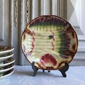Antique asparagus plate, French Onnaing SINGLE size plate, artichoke and asparagus serving dish, multi colored Barbotine collectable