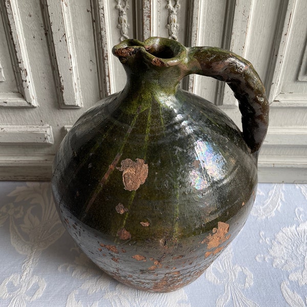 Antique French earthenware pot, cruche handmade semi-glazed green wine oil water jar 1900's glazed storage jar authentic vintage shabby chic