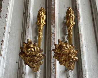 Antique gold brass curtain tie backs, stunning pair of French vintage Ormolu scrolls, hooks collectable, 1880's, divine curtain holders