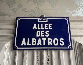 Antico cartello stradale francese smaltato Albatross blu e bianco vintage anni '20 "Allée des Albatros", Interni Loft Industriale smaltato PARIGI