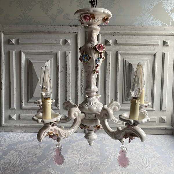 French vintage ceramic and crystal chandelier 5 armed floral style ornate shaped arms 5 single candle bulbs Ceiling lamp genuine 1940's