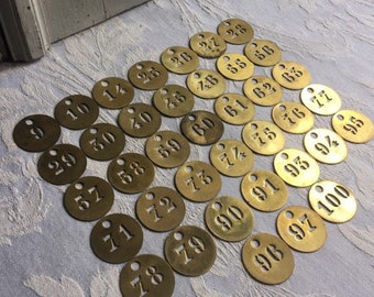 Brass number hotel key tag, room, door or dorm number, key fob, cut out stencil, locker tag, various 1- 100, vintage French 1950's antique