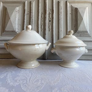 2 Antique French Ironstone soup tureens PAIR lidded soupière soup bowls classic cream design  authentic 1800 serving fruit bowls (B)
